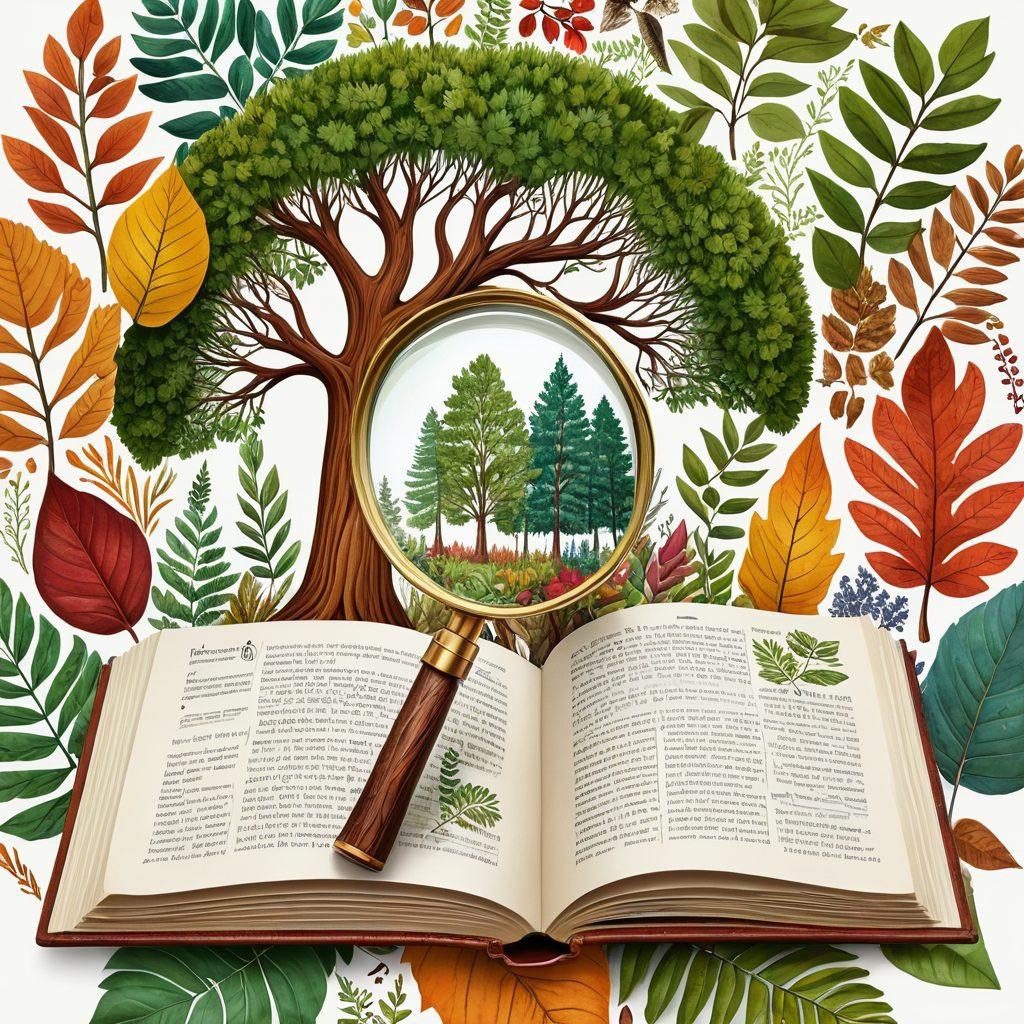 A diverse, lush forest featuring various tree species with detailed, labeled descriptions. Highlight unique leaf shapes, bark textures, and vibrant colors. Include a magnifying glass emphasizing a tree's intricate details, and an open book on tree identification in the foreground. super-realistic. vibrant colors. white background.