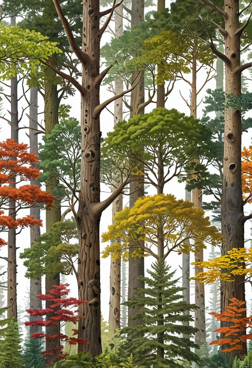 A detailed illustration of a diverse forest showcasing various tree genera, varieties, and types, each labeled with clear, colorful tags. The scene should include a mix of deciduous, coniferous, and exotic trees, highlighting differences in leaves, bark, and overall structure. Super-realistic. Vibrant colors. White background.
