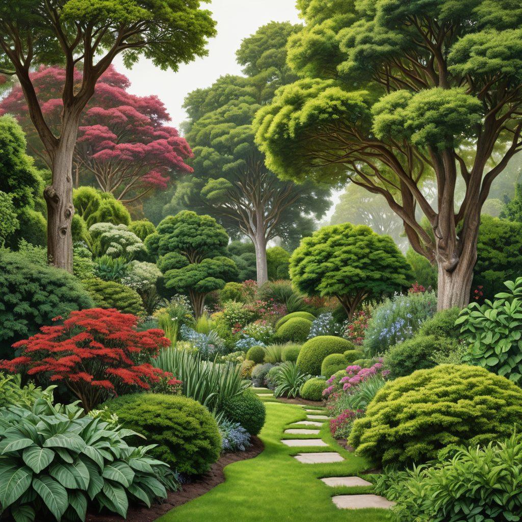 A lush, vibrant forest transitioning seamlessly into a meticulously maintained garden. Highlight tall, majestic trees gradually decreasing in size as they approach the well-organized shrubs and plants of the garden. Include an open book or database with tree classifications between the forest and garden. super-realistic. vibrant colors. white background.